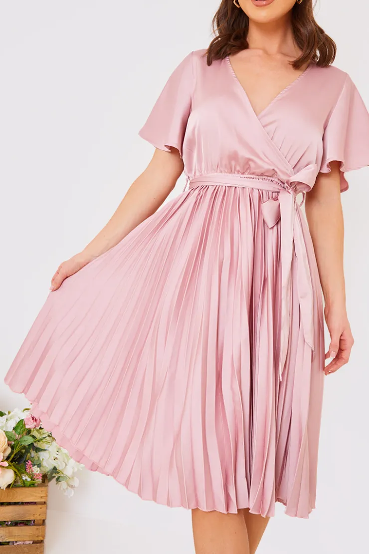 Hot In The Style Angel Sleeve Pleated Wrap Midi Dress Blush