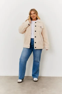 Best In the Style Borg Button Through Jacket with Pockets Cream