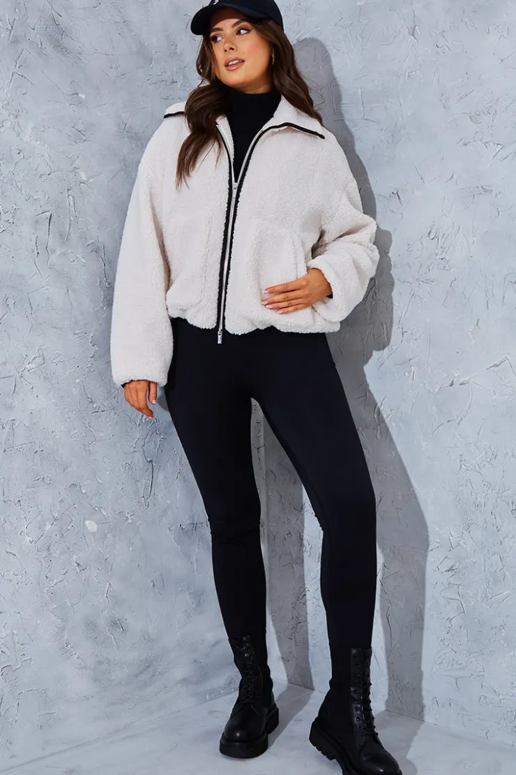 Discount In the Style Borg Contrast Jacket Cream