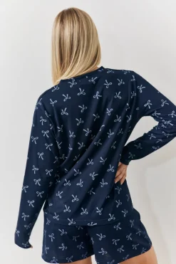 Sale In The Style Bow Print Long Sleeve and Short PJ Set Navy