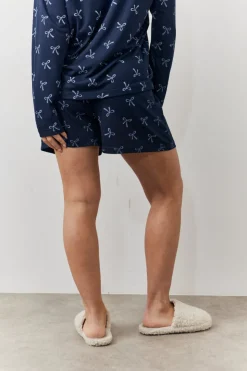 Sale In The Style Bow Print Long Sleeve and Short PJ Set Navy