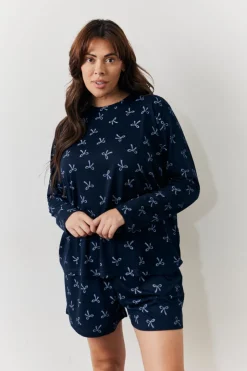 Sale In The Style Bow Print Long Sleeve and Short PJ Set Navy