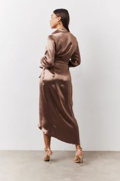 Best In the Style Bronze Liquid Satin Wrap Midaxi Dress Gold