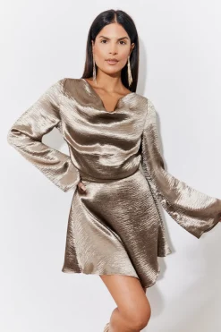 Outlet In the Style Mini Flare Sleeve Satin Dress Bronze