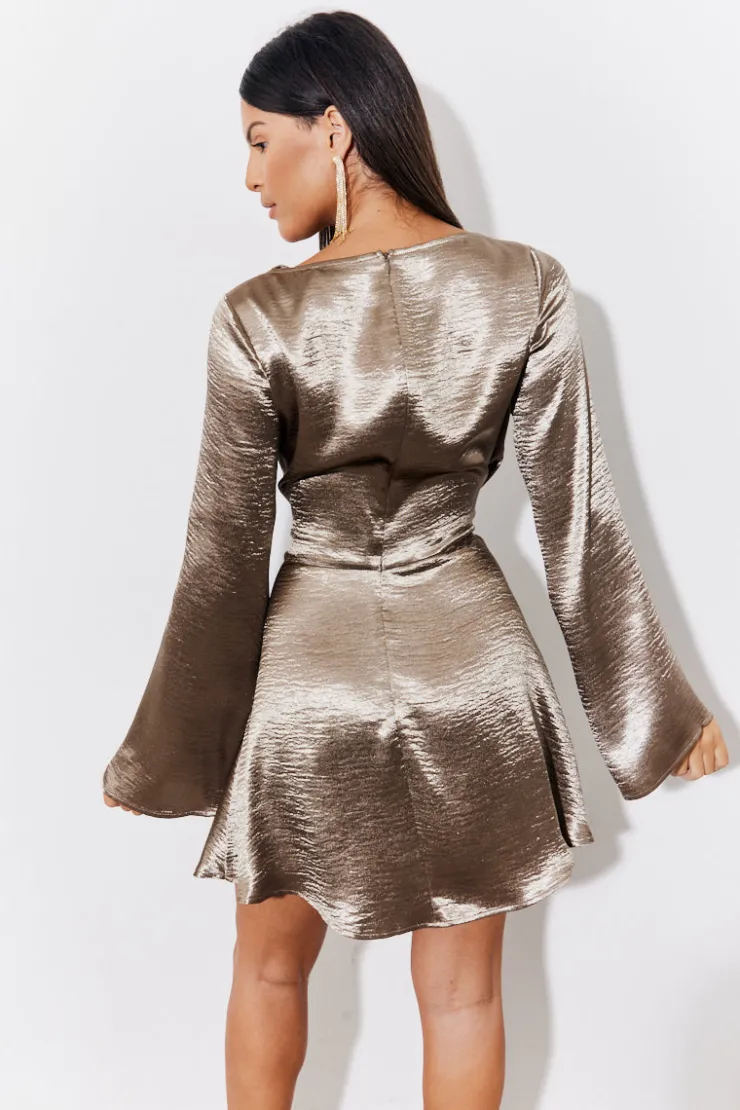 Outlet In the Style Mini Flare Sleeve Satin Dress Bronze