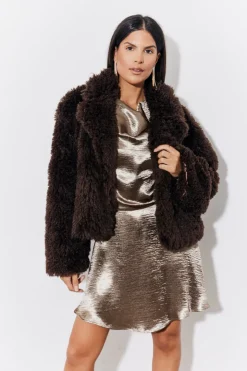 Sale In the Style Faux Fur Collared Coat Brown