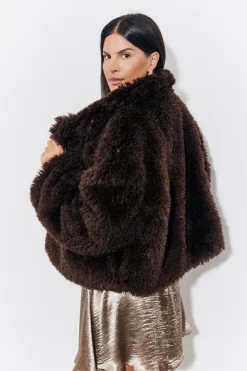 Sale In the Style Faux Fur Collared Coat Brown