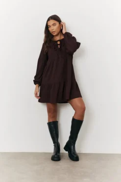 Best In the Style Textured Tie Front Detail Smock Dress Brown