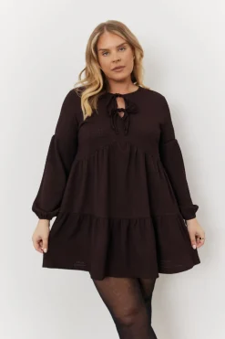 Best In the Style Textured Tie Front Detail Smock Dress Brown