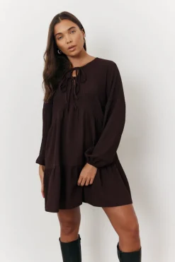 Best In the Style Textured Tie Front Detail Smock Dress Brown