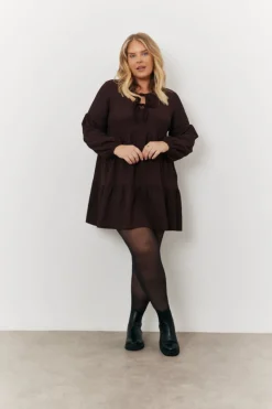 Best In the Style Textured Tie Front Detail Smock Dress Brown