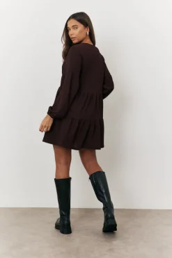 Best In the Style Textured Tie Front Detail Smock Dress Brown