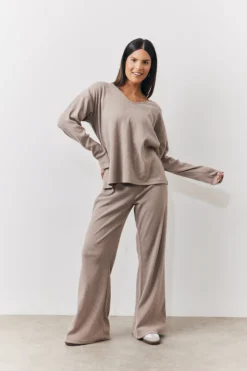 Discount In The Style Brushed Rib Flare Leg Co Ord Trouser Mocha