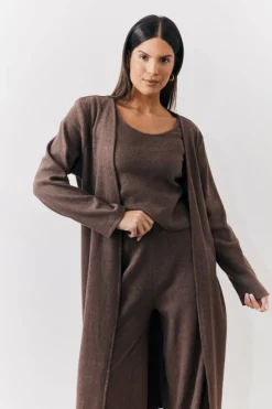 Hot In The Style Brushed Rib Maxi Co Ord Cardigan Chocolate