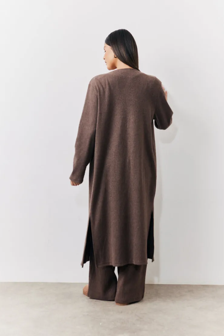 Hot In The Style Brushed Rib Maxi Co Ord Cardigan Chocolate