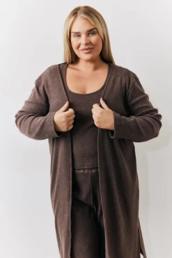 Hot In The Style Brushed Rib Maxi Co Ord Cardigan Chocolate