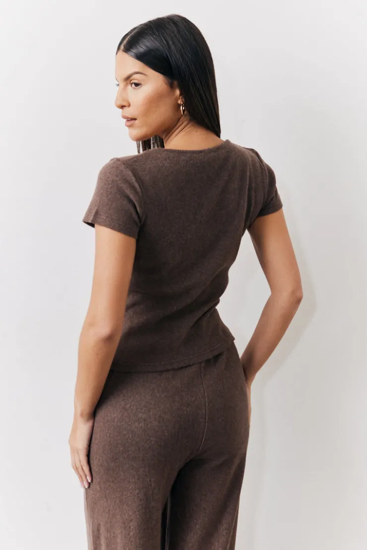 Best In The Style Brushed Rib Scoop Neck Co Ord Top Chocolate