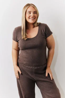 Best In The Style Brushed Rib Scoop Neck Co Ord Top Chocolate