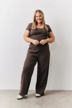 Outlet In The Style Brushed Rib Wide Leg Co Ord Trousers Chocolate