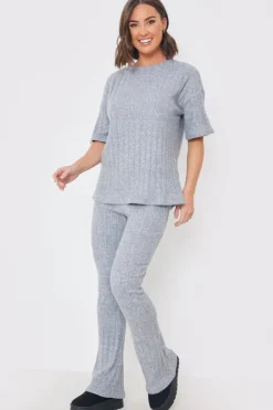 Online In the Style Brushed Rib Wide Leg Trousers Grey
