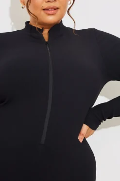New Fits Built-In Bra Half Zip Long Sleeve Sculpt and Control Unitard Charcoal