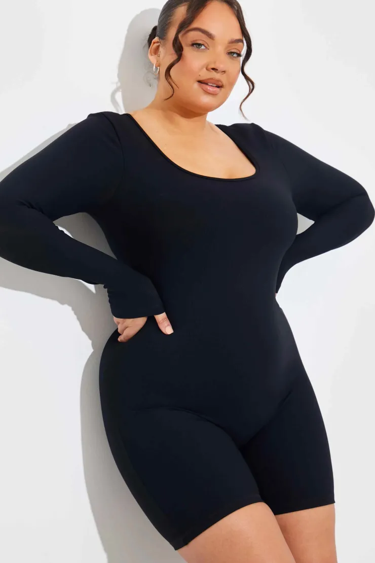 Outlet Fits Built-In Bra Long Sleeve Sculpt and Control Short Unitard