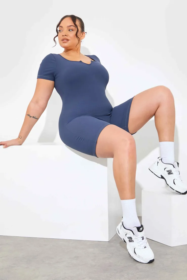 Clearance In the Style Built-In Bra Notched Neck Short Sleeve Sculpt and Control Short Unitard