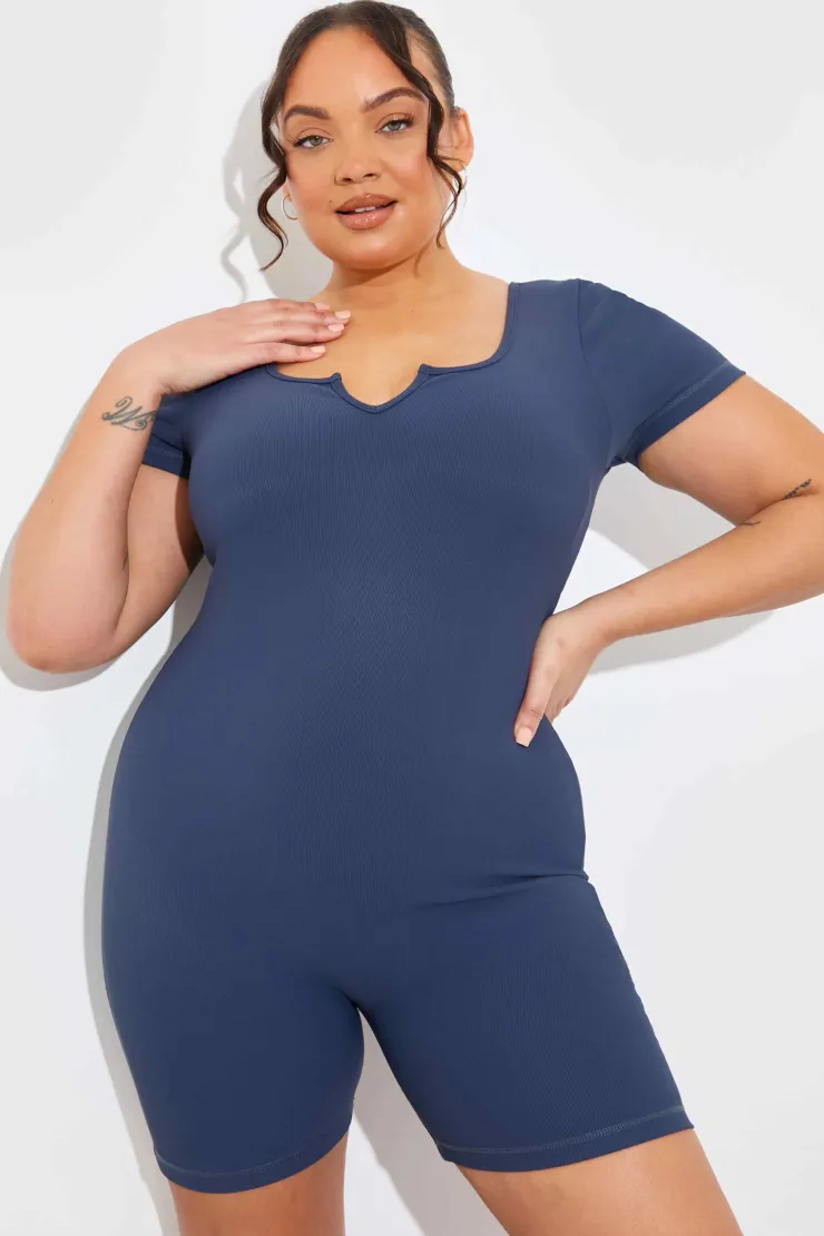 Clearance In the Style Built-In Bra Notched Neck Short Sleeve Sculpt and Control Short Unitard