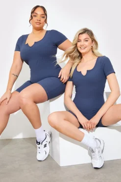 Clearance In the Style Built-In Bra Notched Neck Short Sleeve Sculpt and Control Short Unitard