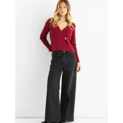 Hot Gini London Burgundy Button Wrap Compact Knit Cardigan