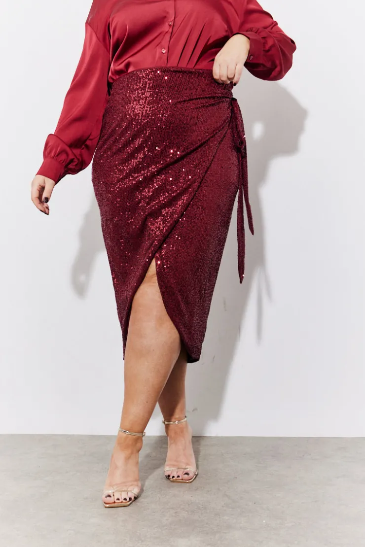 In the Style Sequin Wrap Midi Skirt Burgundy