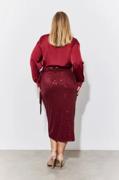 In the Style Sequin Wrap Midi Skirt Burgundy