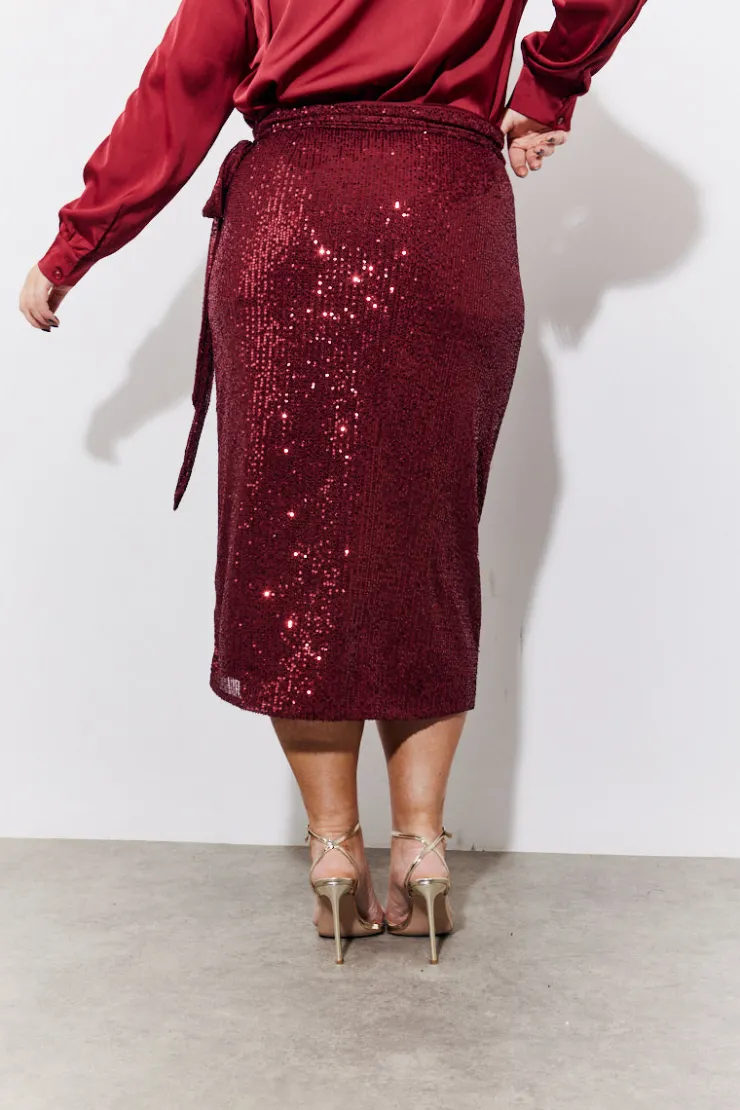 In the Style Sequin Wrap Midi Skirt Burgundy