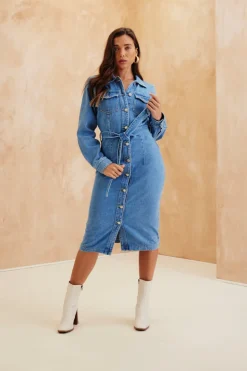 Sale In The Style Button Through Tie Waist Denim Dress Blue