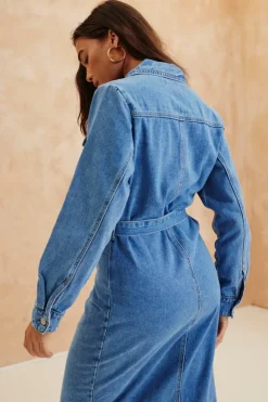 Sale In The Style Button Through Tie Waist Denim Dress Blue