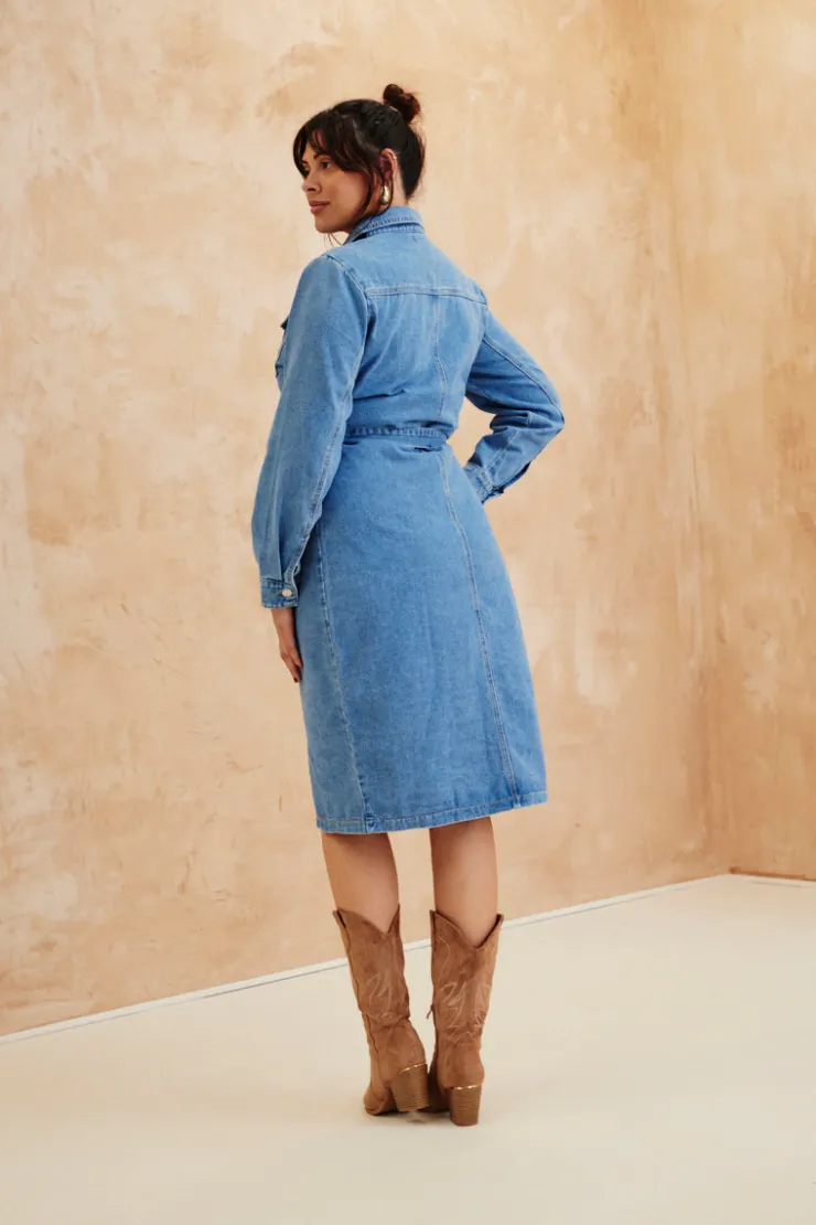 Sale In The Style Button Through Tie Waist Denim Dress Blue