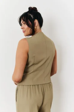 New In The Style Button Through Waistcoat Khaki