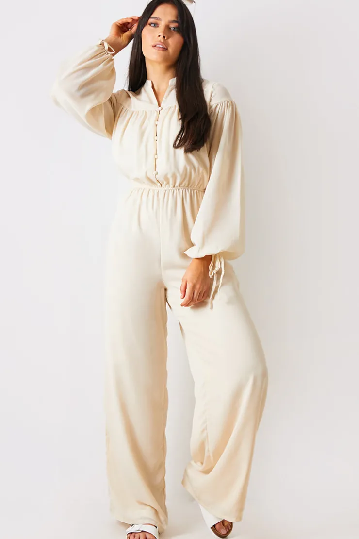 In the Style Button Up Wide Leg Jumpsuit Stone