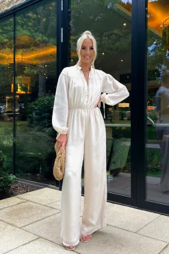 In the Style Button Up Wide Leg Jumpsuit Stone
