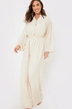 In the Style Button Up Wide Leg Jumpsuit Stone