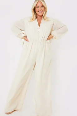 In the Style Button Up Wide Leg Jumpsuit Stone