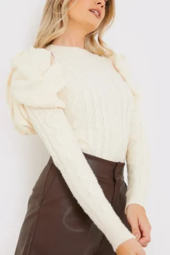 Clearance In the Style Cable Knit Puff Long Sleeve Bodysuit Stone