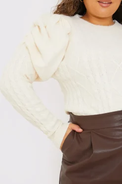 Clearance In the Style Cable Knit Puff Long Sleeve Bodysuit Stone