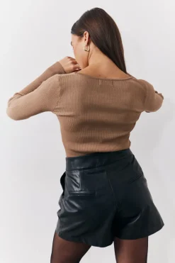 Outlet In The Style Rib Knitted Scoop Neck Long Sleeve Top Camel