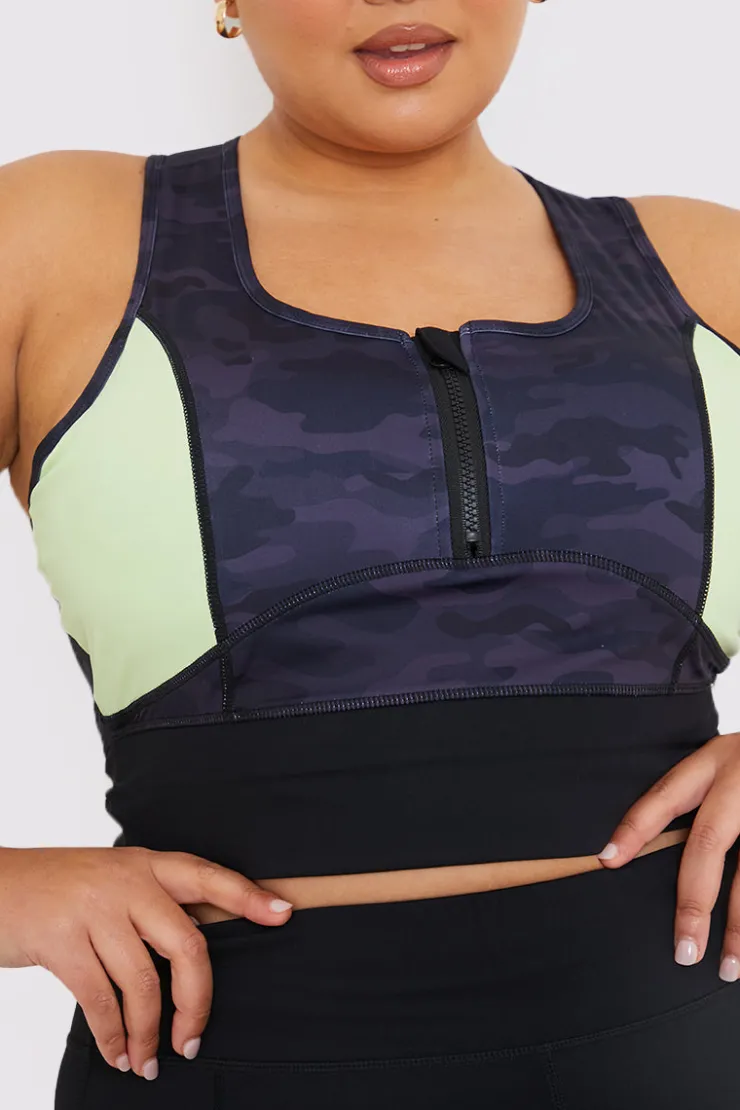 Online In the Style Camo Contrast Zip Crop Top Black