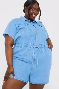 New In the Style Chambray Button Through Drawstring Playsuit Blue