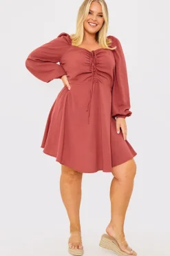 Best In The Style Channel Front Ruched Balloon Sleeve Shift Dress Pink