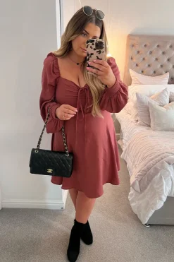 Best In The Style Channel Front Ruched Balloon Sleeve Shift Dress Pink