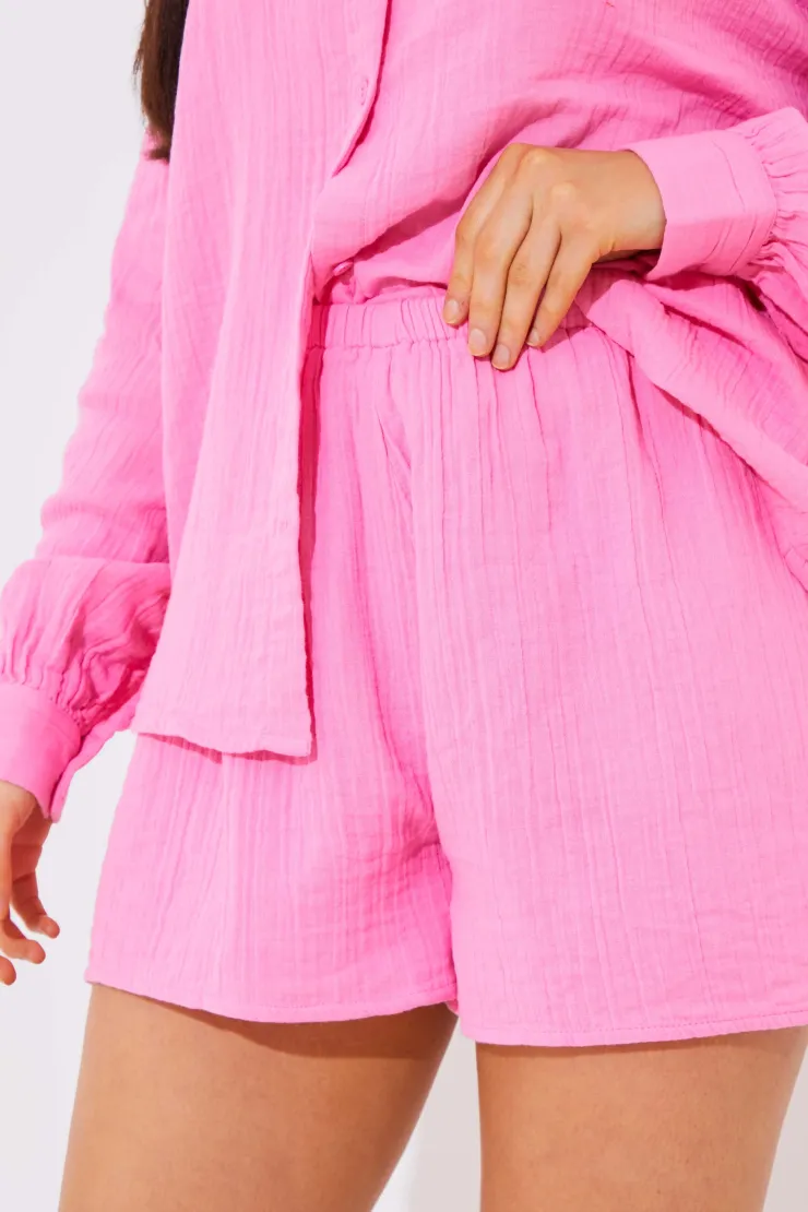 Best In The Style Cheesecloth Elasticated Waist Co-Ord Short Pink