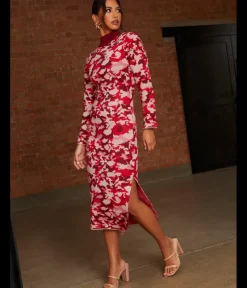 Discount CHI CHI LONDON Abstract Floral Knitted Midi Dress in Pink
